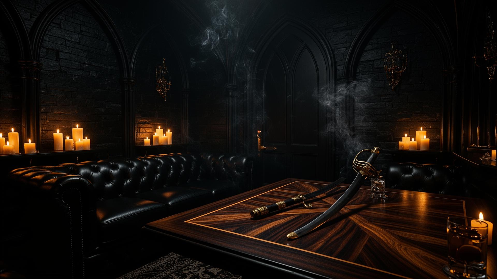 Candlelit speakeasy chamber with blackened brass and black leather